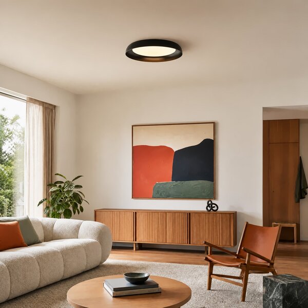 Lindby Φωτιστικό οροφής LED Florie, μαύρο, μέταλλο, Ø 40 cm, Μαύρο, Σαλόνι / τραπεζαρία, Πλαστικό, σύγχρονο