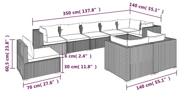 VidaXL Σαλόνι Κήπου 9 Τεμαχίων Καφέ Συνθετικό Ρατάν με Μαξιλάρια