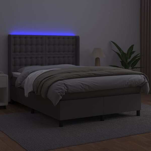 VidaXL Κρεβάτι Boxspring με Στρώμα & LED Γκρι 140x190 εκ. Συνθ. Δέρμα