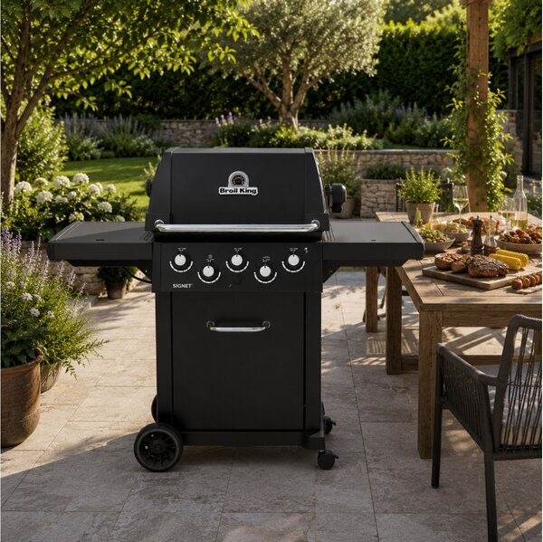 Ψησταριά Υγραερίου Broil King Signet 390 Shadow με πλευρική εστία, μηχανισμό σούβλας, ισχύ 11.4kW + 4.4kW + 2.7kW και διαστάσεις 145x59x149cm