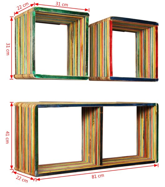VidaXL Ράφια Τοίχου Σετ 3 τεμ. Πολύχρωμo Μασίφ Ανακυκλωμένο Ξύλο Teak