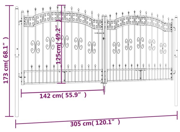 VidaXL Πόρτα Φράχτη με Ακίδες Μαύρη 305x173 εκ. Ατσάλι με Ηλεκτρ. Βαφή