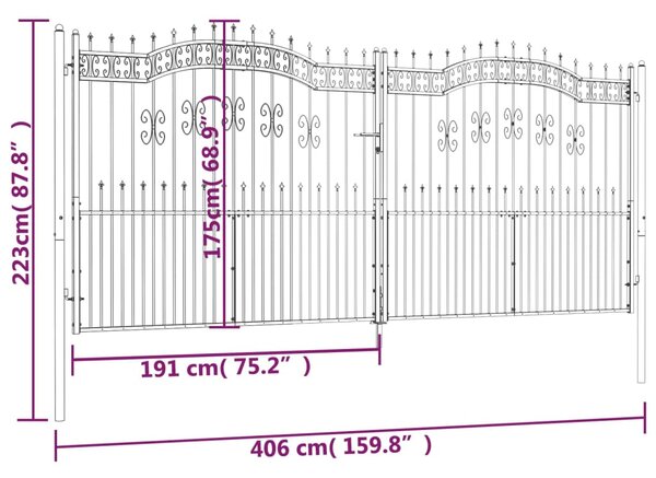 VidaXL Πόρτα Φράχτη με Ακίδες Μαύρη 406x223 εκ. Ατσάλι με Ηλεκτρ. Βαφή