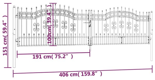 VidaXL Πόρτα Φράχτη με Ακίδες Μαύρη 406x151 εκ. Ατσάλι με Ηλεκτρ. Βαφή