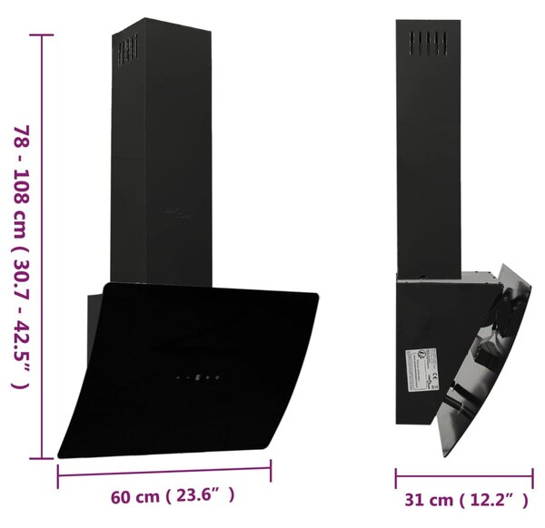VidaXL Απορροφητήρας Τοίχου Μαύρος 60 εκ. από Ατσάλι και Ψημένο Γυαλί