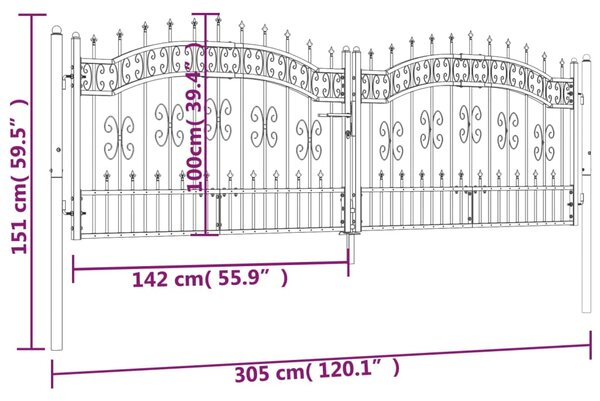 VidaXL Πόρτα Φράχτη με Ακίδες Μαύρη 305x151 εκ. Ατσάλι με Ηλεκτρ. Βαφή