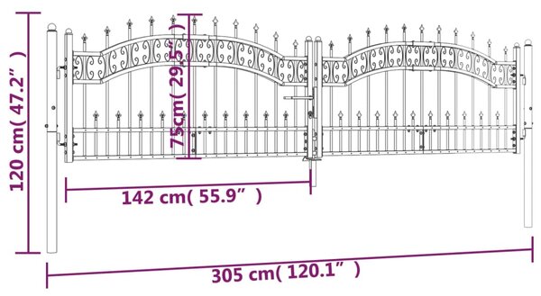 VidaXL Πόρτα Φράχτη με Ακίδες Μαύρη 305x120 εκ. Ατσάλι με Ηλεκτρ. Βαφή