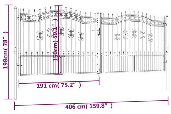 VidaXL Πόρτα Φράχτη με Ακίδες Μαύρη 406x198 εκ. Ατσάλι με Ηλεκτρ. Βαφή