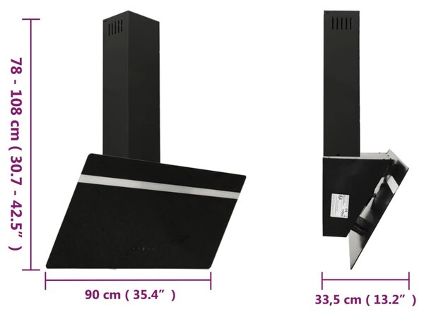 VidaXL Απορροφητήρας Τοίχου Μαύρος 90 εκ. από Ατσάλι και Ψημένο Γυαλί