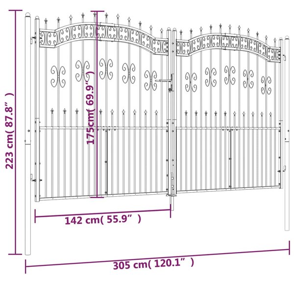 VidaXL Πόρτα Φράχτη με Ακίδες Μαύρη 305x223 εκ. Ατσάλι με Ηλεκτρ. Βαφή