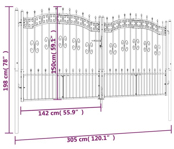 VidaXL Πόρτα Φράχτη με Ακίδες Μαύρη 305x198 εκ. Ατσάλι με Ηλεκτρ. Βαφή