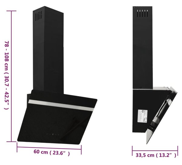 VidaXL Απορροφητήρας Τοίχου Μαύρος 60 εκ. από Ατσάλι και Ψημένο Γυαλί