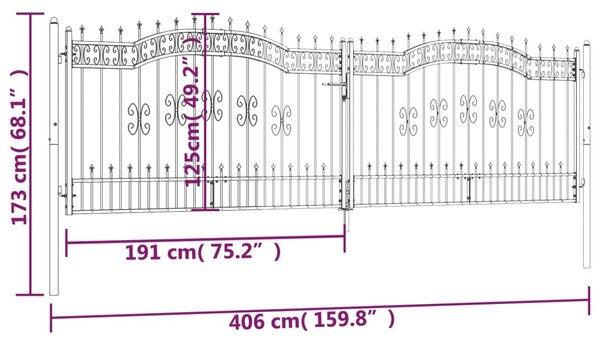 VidaXL Πόρτα Φράχτη με Ακίδες Μαύρη 406x173 εκ. Ατσάλι με Ηλεκτρ. Βαφή