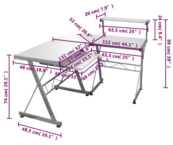 VidaXL Γραφείο Υπολογιστή Γωνιακό Λευκό 132x112x99 εκ. Επεξ. Ξύλο
