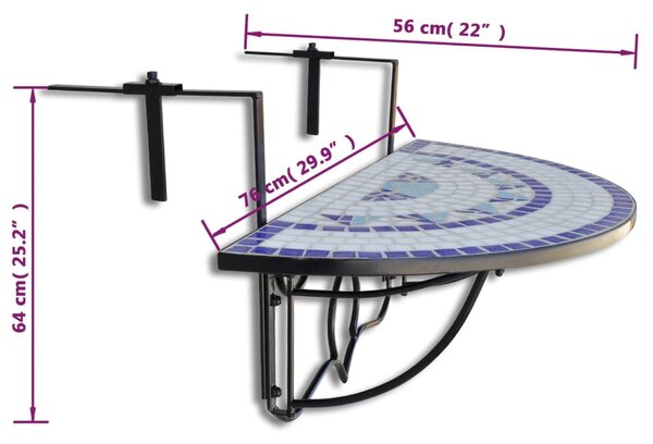VidaXL Τραπέζι Μπαλκονιού Κρεμαστό «Μωσαϊκό» Μπλε και Λευκό