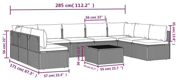 VidaXL Σαλόνι Κήπου 10 Τεμαχίων Γκρι από Συνθετικό Ρατάν με Μαξιλάρια