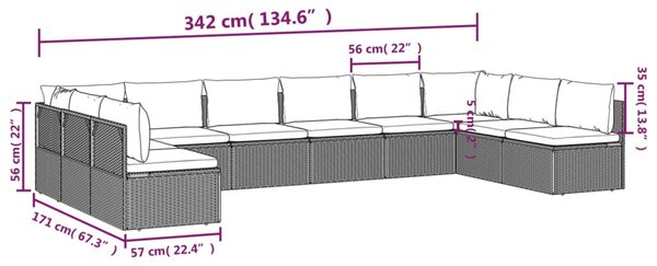 VidaXL Σαλόνι Κήπου 10 Τεμαχίων Γκρι από Συνθετικό Ρατάν με Μαξιλάρια