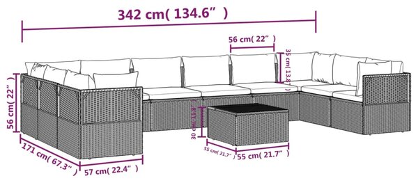 VidaXL Σαλόνι Κήπου 11 Τεμαχίων Γκρι από Συνθετικό Ρατάν με Μαξιλάρια