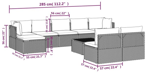 VidaXL Σαλόνι Κήπου 10 Τεμαχίων Γκρι από Συνθετικό Ρατάν με Μαξιλάρια