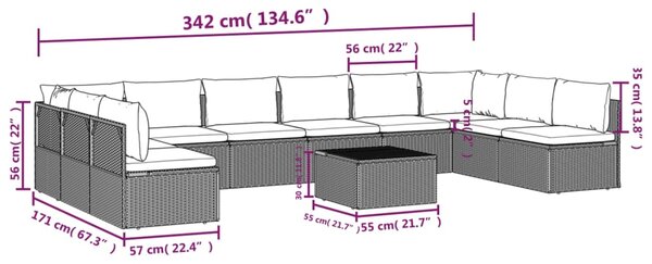 VidaXL Σαλόνι Κήπου 11 Τεμαχίων Γκρι από Συνθετικό Ρατάν με Μαξιλάρια