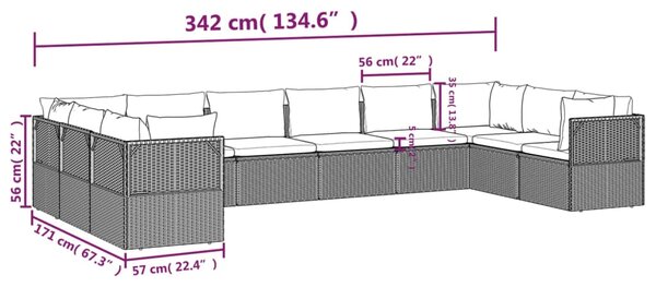 VidaXL Σαλόνι Κήπου 10 Τεμαχίων Γκρι από Συνθετικό Ρατάν με Μαξιλάρια