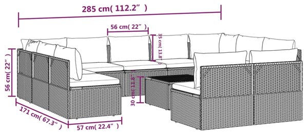 VidaXL Σαλόνι Κήπου 12 Τεμαχίων Γκρι από Συνθετικό Ρατάν με Μαξιλάρια