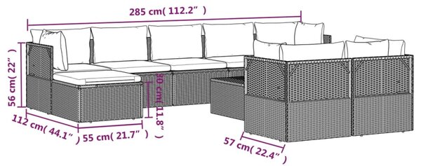 VidaXL Σαλόνι Κήπου 10 Τεμαχίων Γκρι από Συνθετικό Ρατάν με Μαξιλάρια