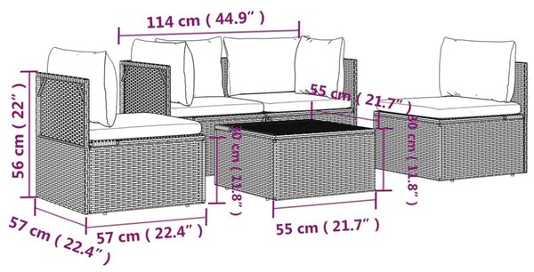 VidaXL Σαλόνι Κήπου Σετ 5 Τεμαχίων Γκρι Συνθετικό Ρατάν με Μαξιλάρια