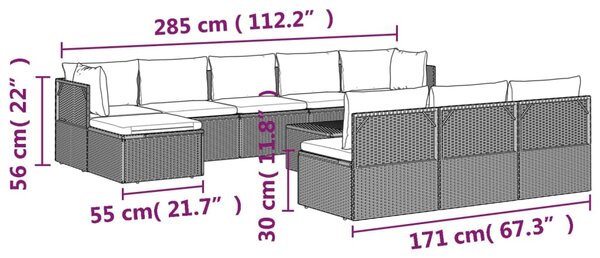 VidaXL Σαλόνι Κήπου 11 Τεμαχίων Γκρι από Συνθετικό Ρατάν με Μαξιλάρια