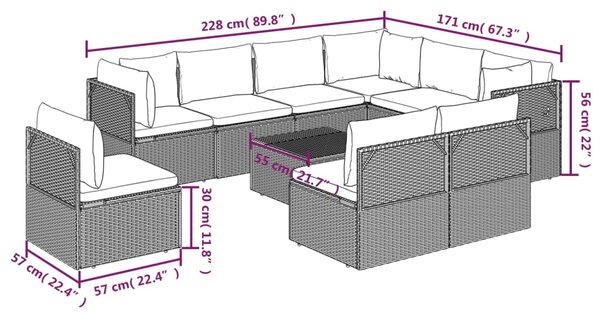 VidaXL Σαλόνι Κήπου 10 Τεμαχίων Γκρι από Συνθετικό Ρατάν με Μαξιλάρια