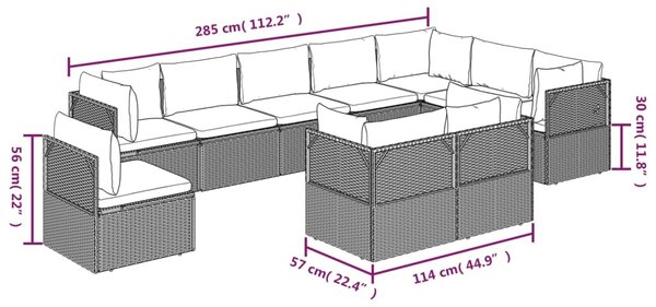 VidaXL Σαλόνι Κήπου 10 Τεμαχίων Γκρι από Συνθετικό Ρατάν με Μαξιλάρια