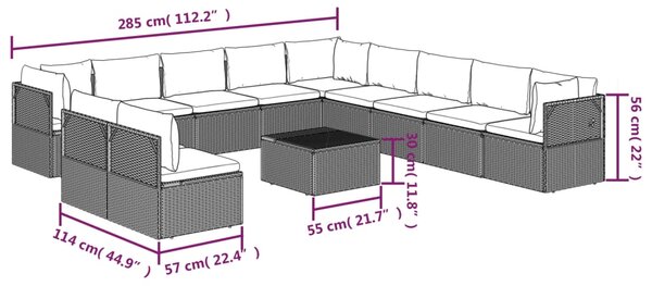 VidaXL Σαλόνι Κήπου 12 Τεμαχίων Γκρι από Συνθετικό Ρατάν με Μαξιλάρια