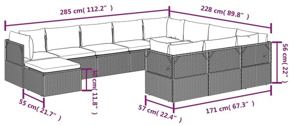 VidaXL Σαλόνι Κήπου 11 Τεμαχίων Γκρι από Συνθετικό Ρατάν με Μαξιλάρια
