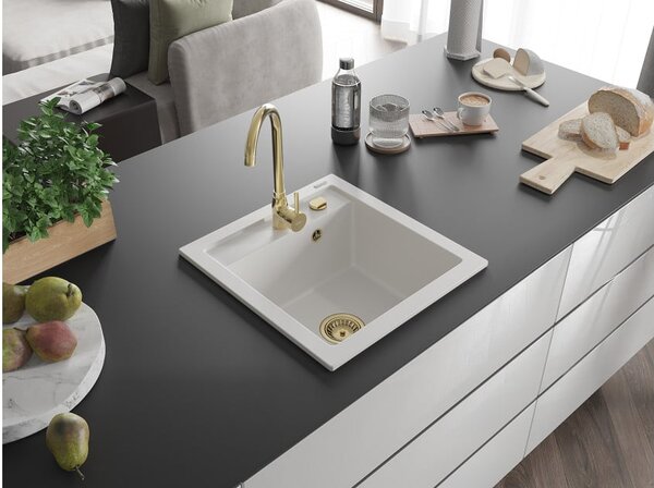 Mexen Vito νεροχύτης γρανίτης 1-διαμερισμάτος 520 x 490 mm, λευκός, σιφόνι χρυσό