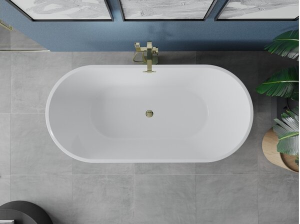 Mexen Luna μπανιέρα ελεύθερη τοποθέτηση 140 x 75 cm, λευκή, υπερχείλιση χρυσή