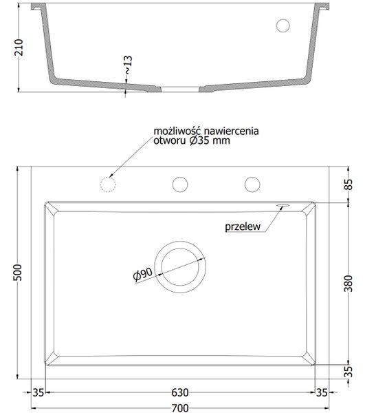Mexen Elix νεροχύτης γρανίτη 1-διαμερίσματος 700 x 500 mm, λευκός, σιφόνι χρώμιο