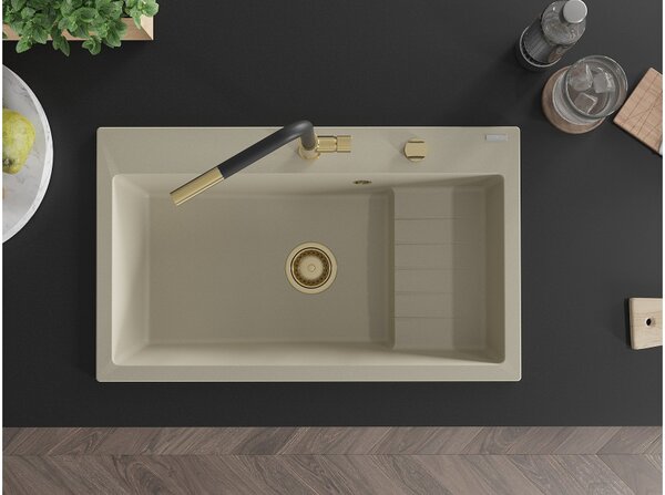 Mexen Omar νεροχύτης γρανίτης 1-θαλάμου 800 x 480 mm, μπεζ, σιφόνι χρυσό