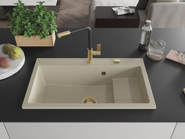 Mexen Omar νεροχύτης γρανίτης 1-θαλάμου 800 x 480 mm, μπεζ, σιφόνι χρυσό