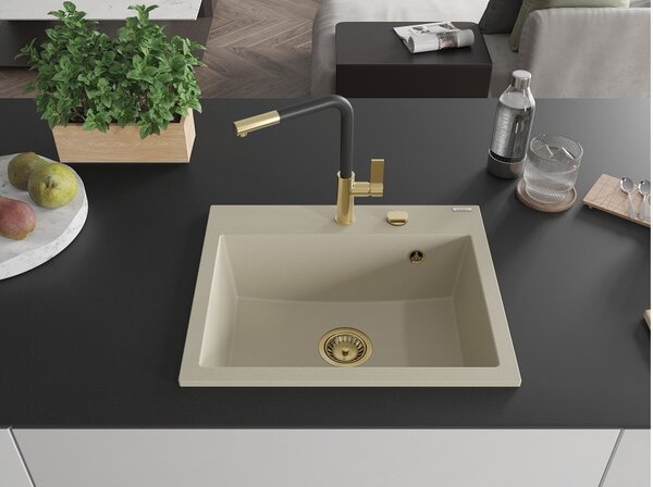 Mexen Oscar νιπτήρας γρανίτης 1 διαμέρισμα 580 x 490 mm, μπεζ, χρυσό σιφόνι
