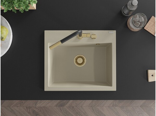 Mexen Oscar νιπτήρας γρανίτης 1 διαμέρισμα 580 x 490 mm, μπεζ, χρυσό σιφόνι