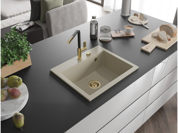 Mexen Oscar νιπτήρας γρανίτης 1 διαμέρισμα 580 x 490 mm, μπεζ, χρυσό σιφόνι