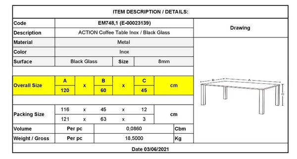 ACTION Τραπεζάκι Σαλονιού - Καθιστικού 120x60cm Inox - Μαυρό Γυαλί 8mm