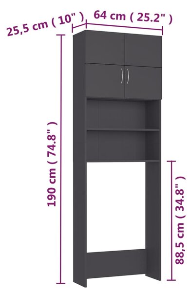 VidaXL Ντουλάπι Πλυντηρίου Γκρι 64 x 25,5 x 190 εκ. από Μοριοσανίδα