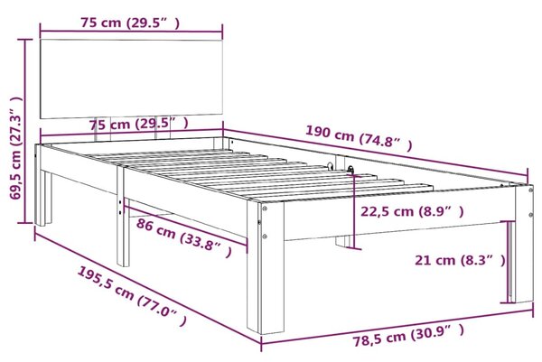 VidaXL Πλαίσιο Κρεβατιού 75 x 190 εκ. από Μασίφ Ξύλο Small Single