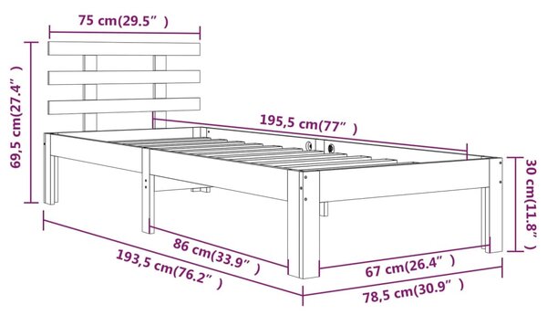 VidaXL Πλαίσιο Κρεβατιού Μελί 75x190 εκ. Ξύλο Πεύκου Small Single