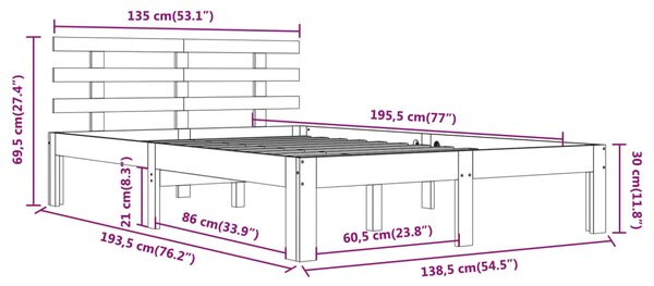 VidaXL Πλαίσιο Κρεβατιού Γκρι 135 x 190 εκ από Ξύλο Πεύκου Double