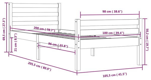 VidaXL Πλαίσιο Κρεβατιού Γκρι 100 x 200 εκ. από Μασίφ Ξύλο