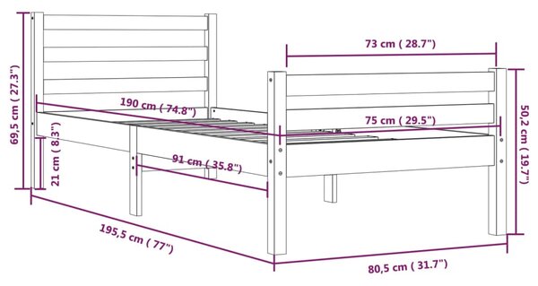 VidaXL Πλαίσιο Κρεβατιού Μελί 75x190 εκ. Ξύλο Πεύκου Small Single