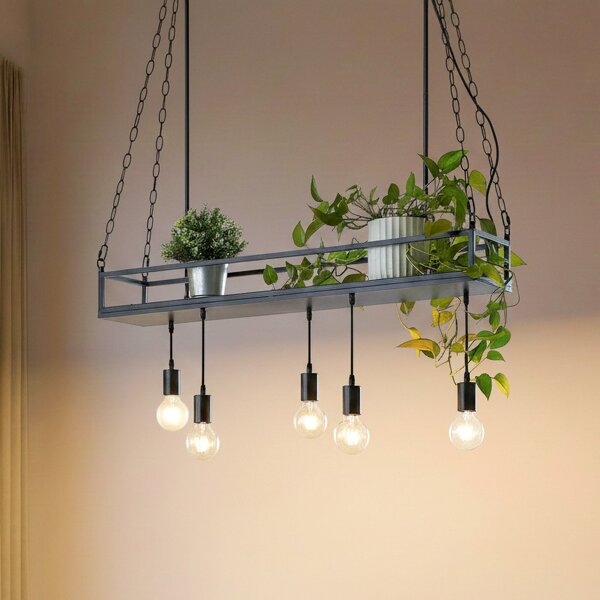 Lindby Κρεμαστό φωτιστικό Kirista, 5 λάμπες, μαύρο, 100 cm, E27, ρυθμιζόμενος, Μαύρο, Σαλόνι / τραπεζαρία, Μέταλλο, Vintage