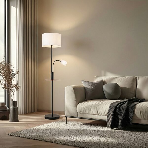 Lindby Stehlampe Aovan, μαύρο, ράφι, θύρα USB, Μαύρο, Σαλόνι / τραπεζαρία, Μέταλλο, σύγχρονο, Φως ανάγνωσης